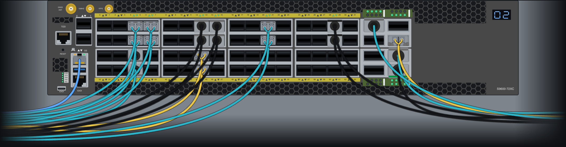 A UfiSpace S9600-72XC drawn by Portrayal, with every port that is in use holding its real part - LC optics with their plugs, DAC and AOC cable ends, an RJ45 plug - and a cable hanging from each, colored by what it is, sweeping out to both sides.